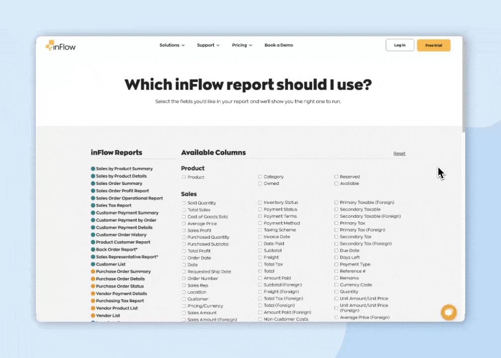This image shows how to choose columns for your report using the inFlow Reports Comparison tool and can redirect to the related report in inFlow. 