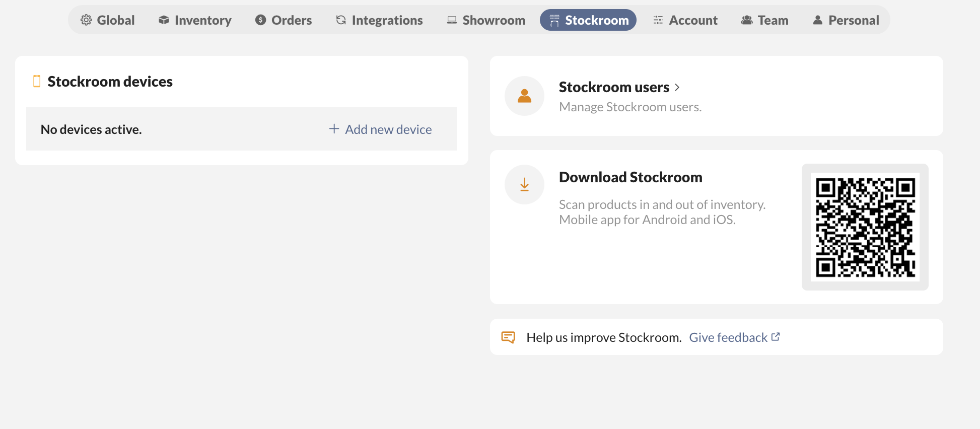 Stockroom settings in inFlow for Web.