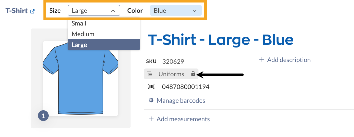 An example of a product option record where the category cannot be edited.