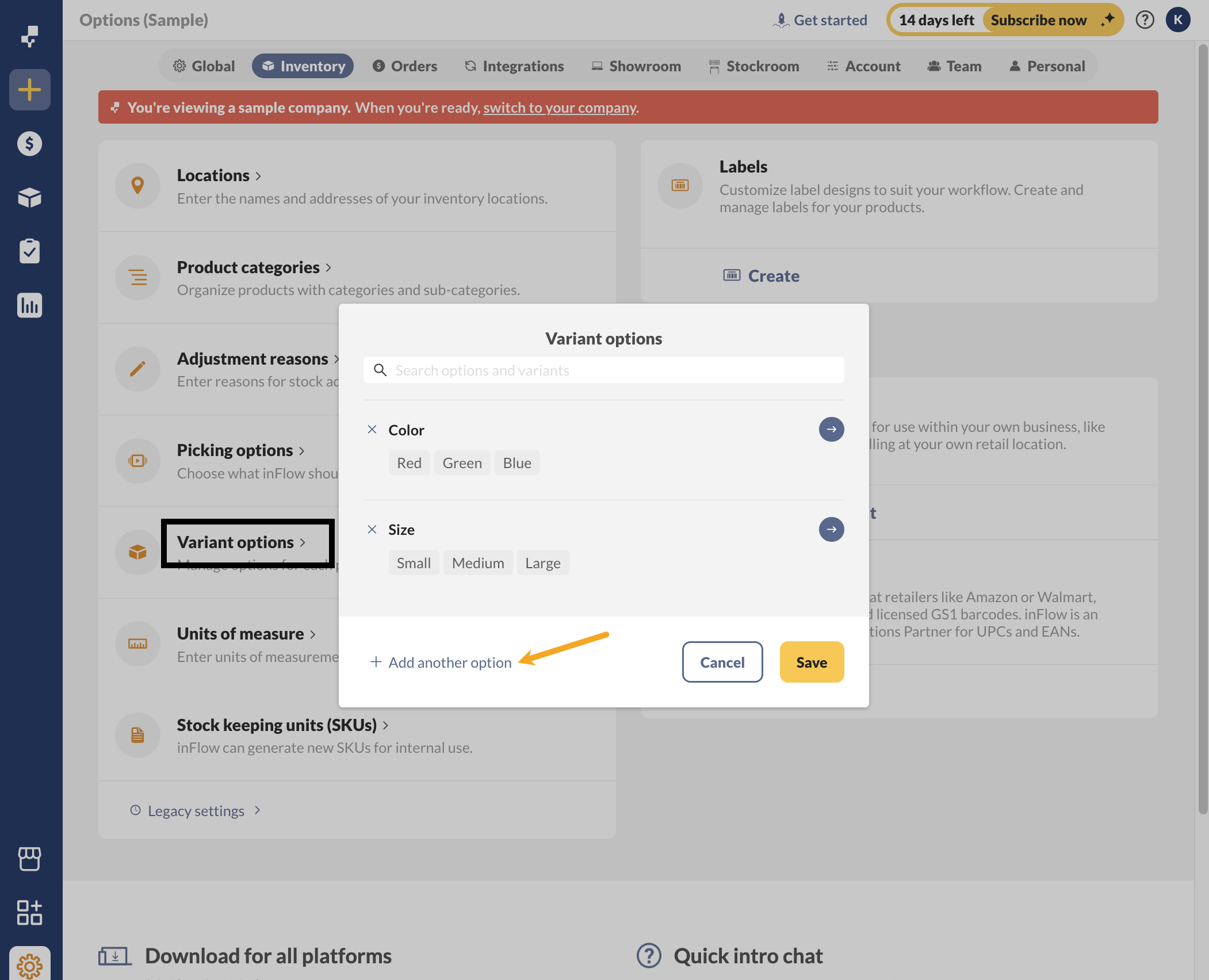 How to add variant options in the Inventory Settings of inFlow.