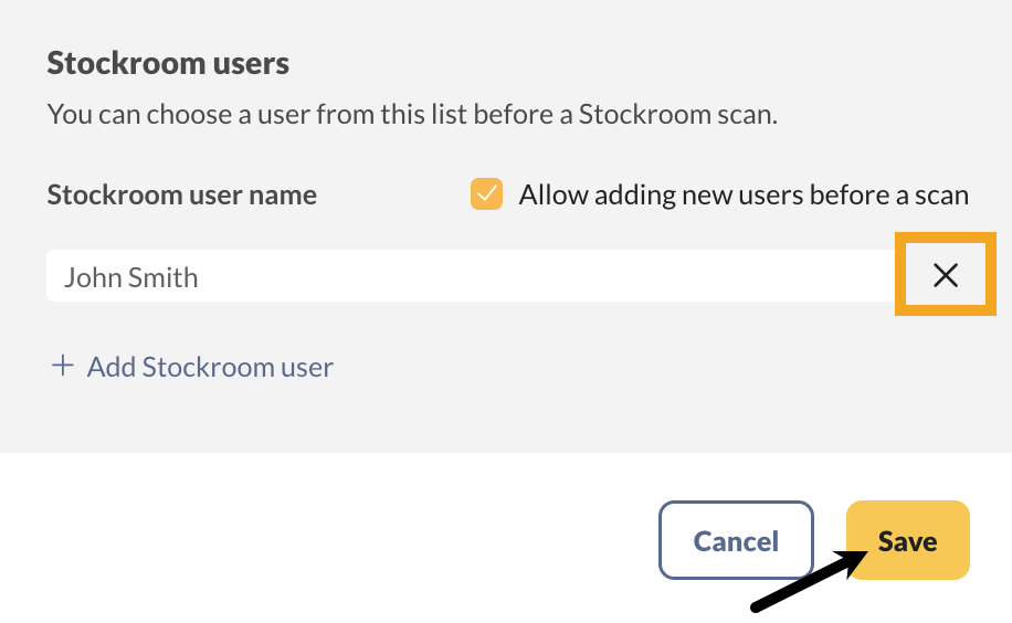 Stockroom users settings where you can add or remove users. 