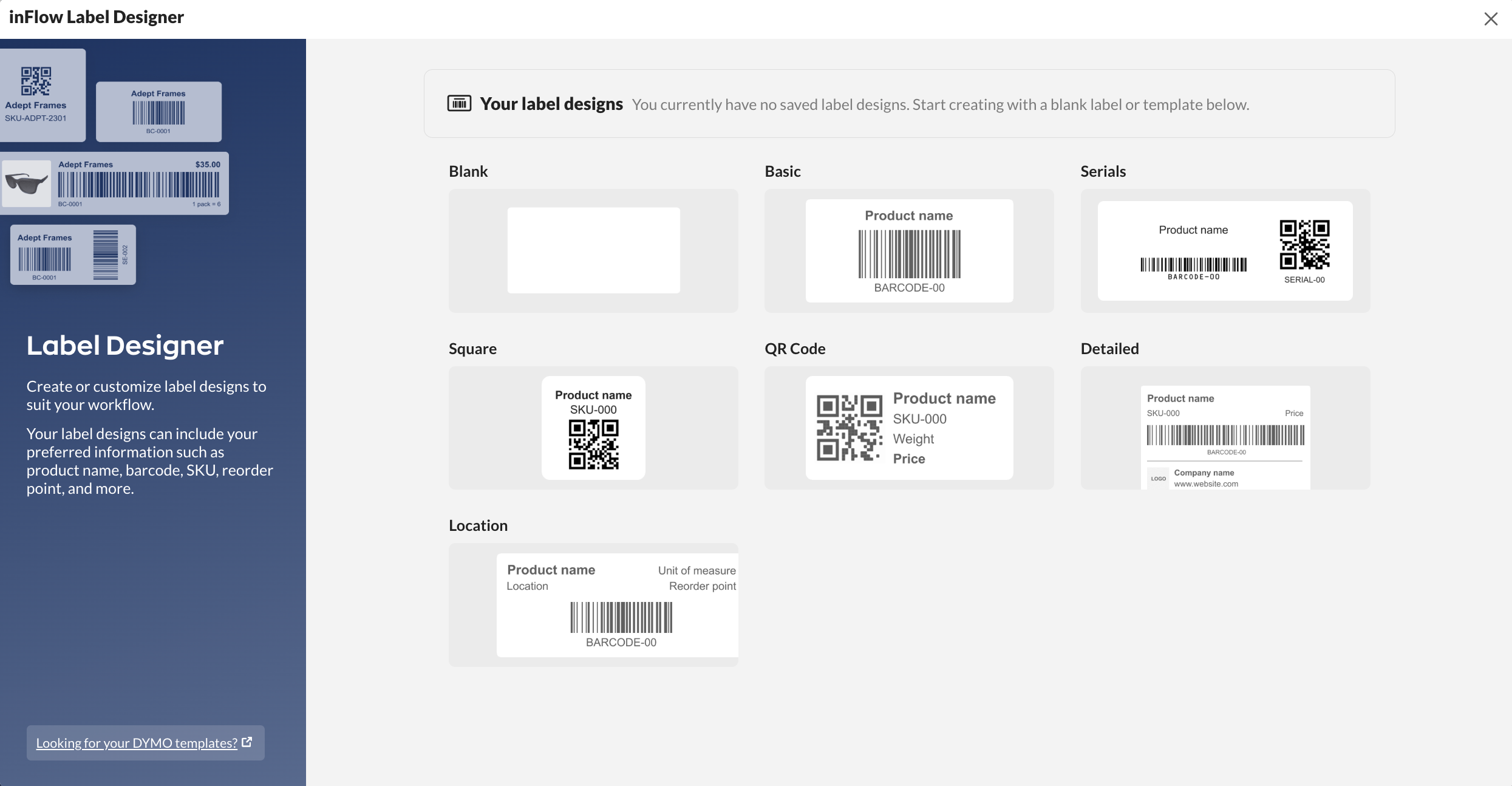 Example images of labels that can be printed from inFlow’s Label Designer.