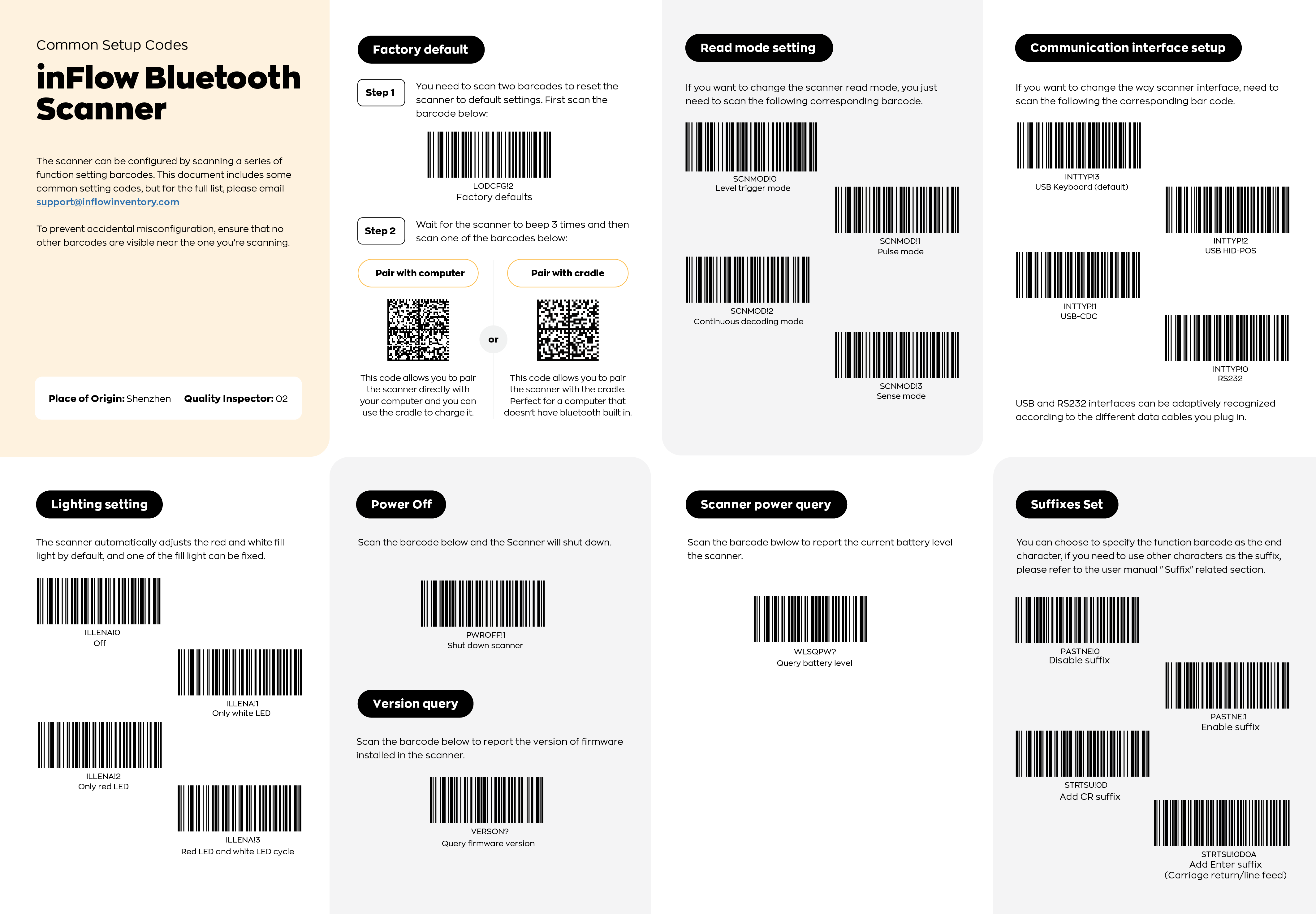 Page two of the scanner booklet with common setup barcodes. 