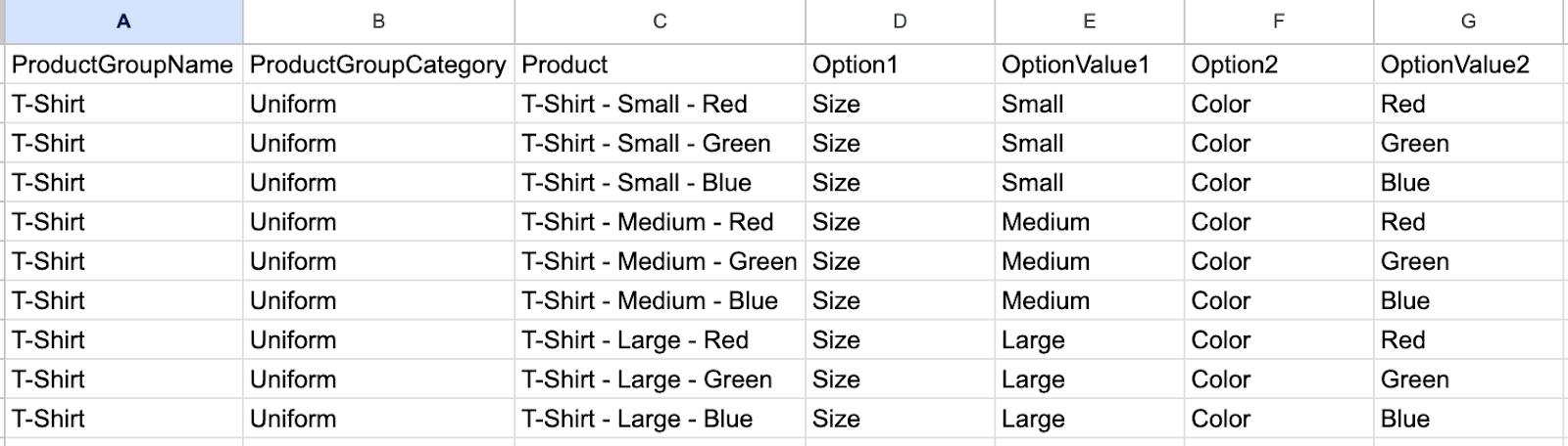Example of a CSV import template used for importing product groups, variant options, and option values.