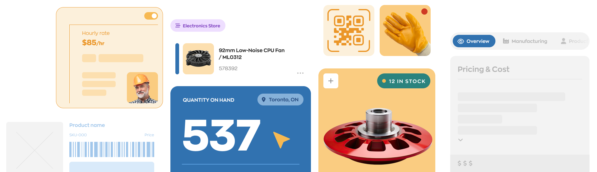 A stylized image emphasizing product, quantity in stock, and location