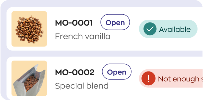 inFlow manufacturing screen showing coffee beans listed in a build order interface