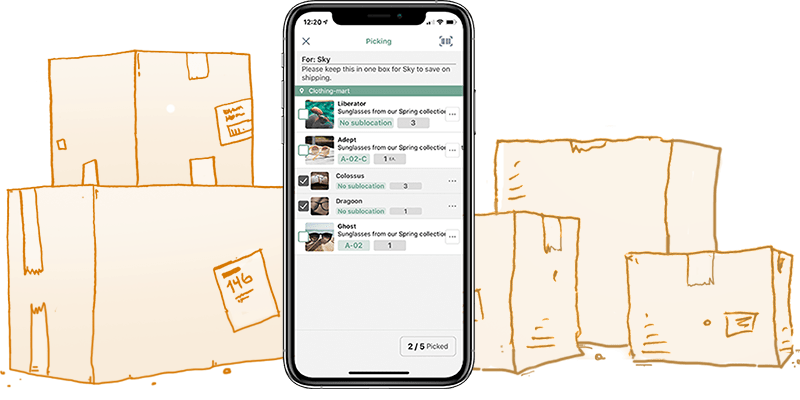Close-up of a mobile device being used to scan inventory on a warehouse shelf