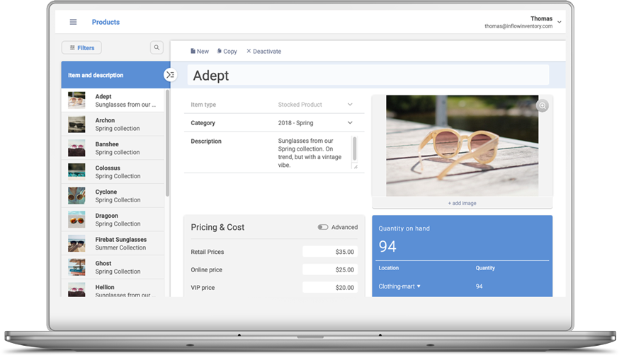 Screenshot of inFlow inventory dashboard showing warehouse stock